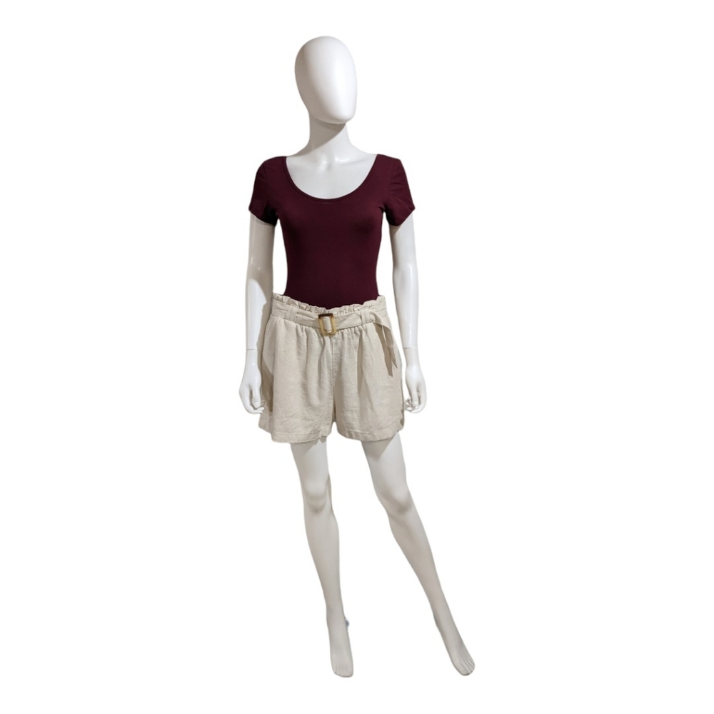 Sapphire Red Relaxed Fit Belted Linen Shorts